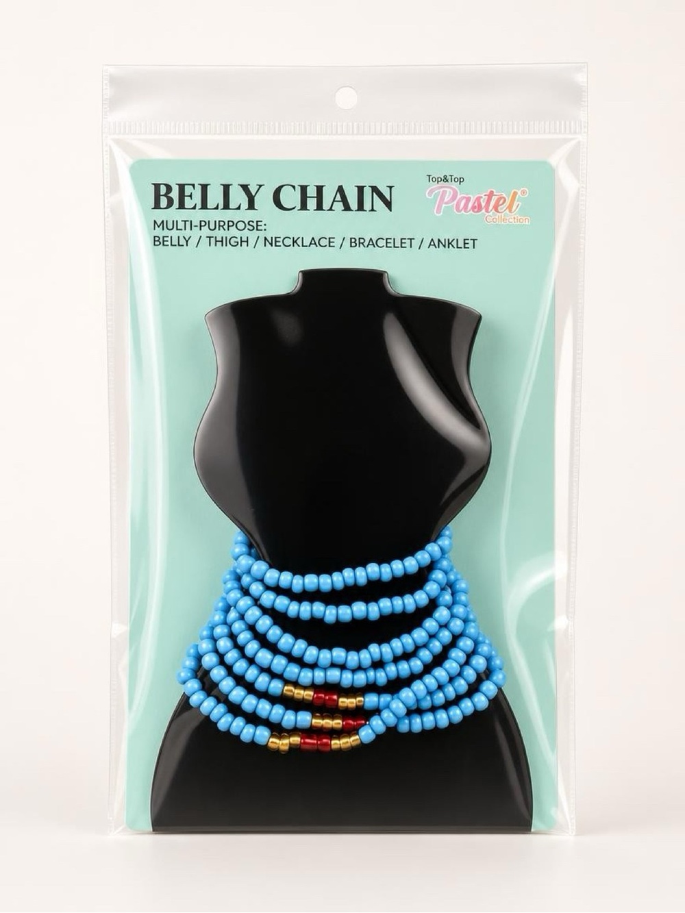 Pastel Collection Blue Beaded Multi-Strand Belly Jewelry with Gold & Red Accents